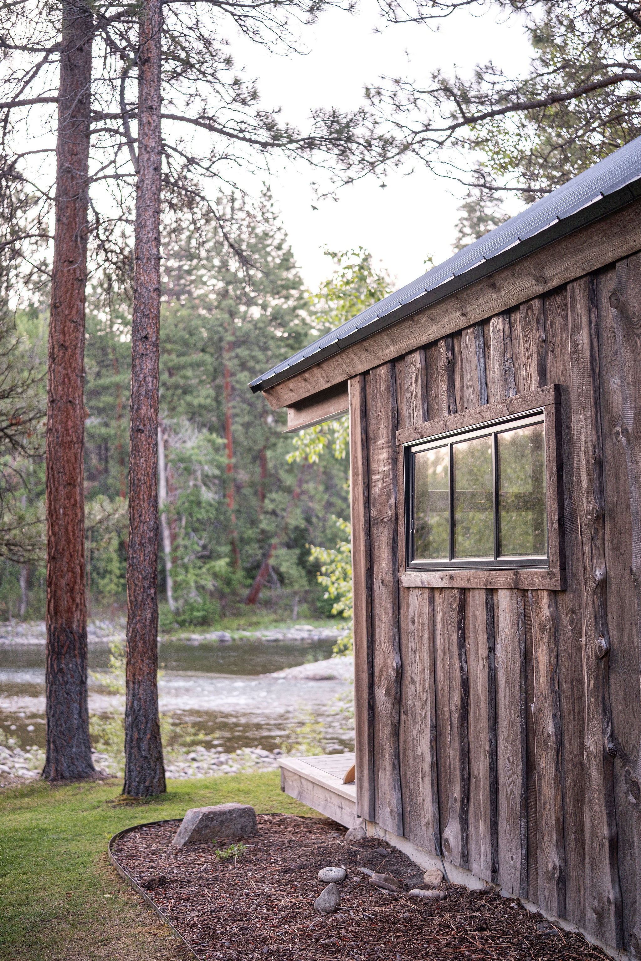 Rustic cabin nestled among pines by the river